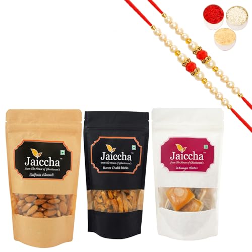 Jaiccha Ghasitaram Rakhi Gifts for Brothers Rakhi Sweets - Best of 3 Mango Bites 200 GMS, Butter Chakli Sticks 100 GMS Pouch and Almonds 100 GMS Pouch with 2 Beads Rakhis von Jaiccha