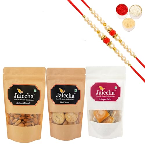 Jaiccha Ghasitaram Rakhi Gifts for Brothers Rakhi Sweets - Best of 3 Mango Bites 200 GMS,Methi Mathi 150 GMS Pouch and Almonds 100 GMS Pouch with 2 Beads Rakhis von Jaiccha