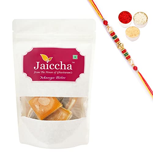 Jaiccha Ghasitaram Rakhi Gifts for Brothers Rakhi Sweets - Mango Bites 200 GMS in White Paper Pouch with Beads Rakhi von Jaiccha