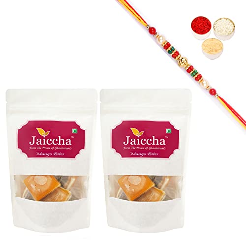 Jaiccha Ghasitaram Rakhi Gifts for Brothers Rakhi Sweets - Mango Bites 400 GMS in White Paper Pouch with Beads Rakhi von Jaiccha