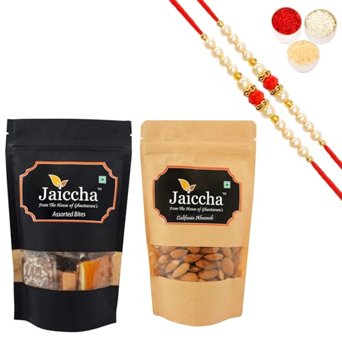 Jaiccha Ghasitaram Rakhi Gifts for Brothers Rakhi Sweets - Pack of 2 Assorted Bites 100 GMS and Almonds 100 GMS Pouches with 2 Beads Rakhis von Jaiccha