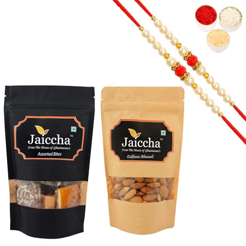 Jaiccha Ghasitaram Rakhi Gifts for Brothers Rakhi Sweets - Pack of 2 Assorted Bites 200 GMS and Almonds 200 GMS Pouches with 2 Beads Rakhis von Jaiccha