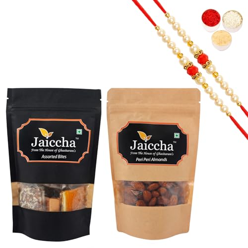 Jaiccha Ghasitaram Rakhi Gifts for Brothers Rakhi Sweets - Pack of 2 Assorted Bites 200 GMS and Peri Peri Almonds 200 GMS Pouches with 2 Beads Rakhis von Jaiccha