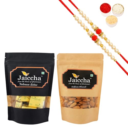 Jaiccha Ghasitaram Rakhi Gifts for Brothers Rakhi Sweets - Pack of 2 MEWA Bites 100 GMS and Almonds 100 GMS Pouches with 2 Beads Rakhis von Jaiccha