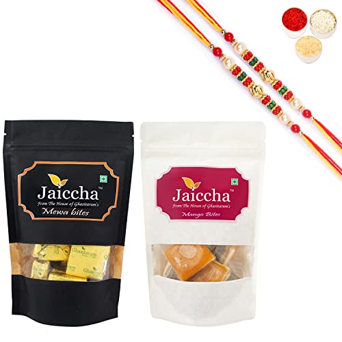 Jaiccha Ghasitaram Rakhi Gifts for Brothers Rakhi Sweets - Pack of 2 MEWA Bites 100 GMS and Mango Bites 100 GMS Pouches with 2 Beads Rakhis von Jaiccha