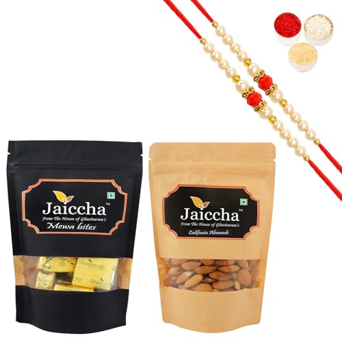 Jaiccha Ghasitaram Rakhi Gifts for Brothers Rakhi Sweets - Pack of 2 MEWA Bites 200 GMS and Almonds 200 gmsPouches with 2 Beads Rakhis von Jaiccha