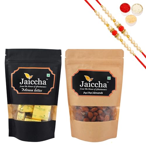 Jaiccha Ghasitaram Rakhi Gifts for Brothers Rakhi Sweets - Pack of 2 MEWA Bites 200 GMS and Peri Peri Almonds 200 GMS Pouches with 2 Beads Rakhis von Jaiccha