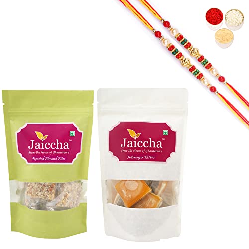 Jaiccha Ghasitaram Rakhi Gifts for Brothers Rakhi Sweets - Pack of 2 Roasted Almond Bites 200 GMS and Mango Bites 200 GMS Pouches with 2 Beads Rakhis von Jaiccha