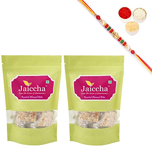 Jaiccha Ghasitaram Rakhi Gifts for Brothers Rakhi Sweets - Roasted Almond Bites 400 GMS in Green Paper Pouch with Beads Rakhi von Jaiccha