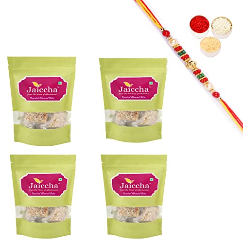 Jaiccha Ghasitaram Rakhi Gifts for Brothers Rakhi Sweets - Roasted Almond Bites 800 GMS in Green Paper Pouch with Beads Rakhi von Jaiccha