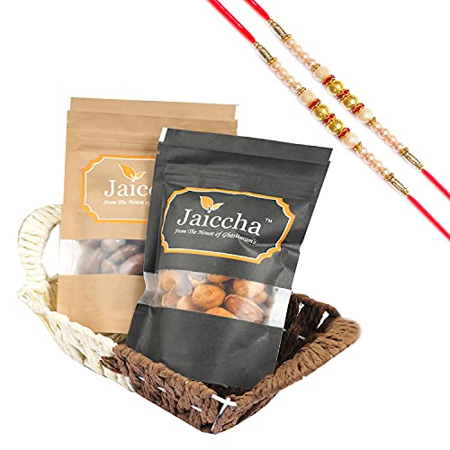 Jaiccha Ghasitaram Rakhi Gifts for Brothers - Small Metal Brown of Protein Cashews and Chocolate Almonds with 2 Pearl Rakhis von Jaiccha