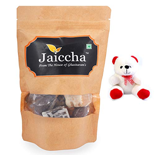 Jaiccha Ghasitaram Valentine Gifts indian Sweet - Valentine sweets Assorted Crunchy Bites in a Brown Pouch and a Teddy von Jaiccha