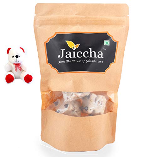 Jaiccha Ghasitaram Valentine Gifts indian Sweet - Valentine sweets Cashew Crunchy Dryfruit Bites in a Brown Pouch and a Teddy von Jaiccha