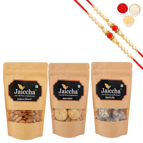 Jaiccha Ghasitaram3 Suagrfree Bites 200 GMS, Methi Mathi 150 GMS Pouch and Almonds 100 GMS Pouch with 2 Beads Rakhis von Jaiccha