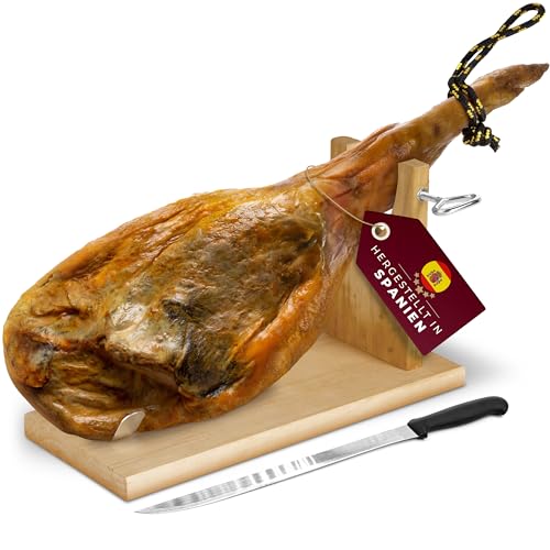 JamCurro Serrano Schinken am Stück - Vorderschinken DUROC 4,5-5 kg - Serrano Schinken Keule Enthält Schinkenhalter und Schinkenmesser - Spanischer Schinken - Schinken Geschenkset - Serano Schinken von JamCurro