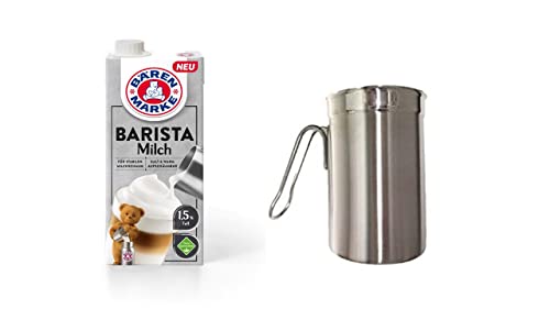 Bärenmarke Barista Milch 1l Milchkännchen, Milk Pitcher 350ml / 12 FL.oz. Milchkanne aus Edelstahl, Milch Aufschäumen für Cappuccino und Latté, Silber MEHRWEG + Schokostreuer von James Premium