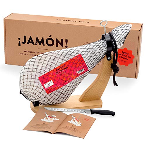 Jamon-Box Nr. 1 von jamon.de - Serrano Schinken 4,5 Kg im Geschenkkarton mit Zubehör | Schinken-Set inklusive Schinkenständer, Messer & Schneide-Anleitung | ideal als Geschenk von jamon.de