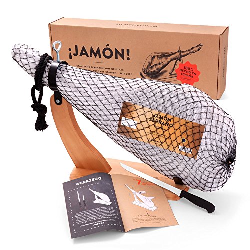 Jamon-Box Nr. 2 - Serrano-Schinken 6,5kg im Geschenk-Set mit Zubehör - 12 Monate gereifter Hinterschinken aus Spanien inklusive Schinkenständer, Schinkenmesser & Schneide-Anleitung von jamon.de von jamon.de