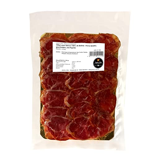 150g PATA NEGRA Lomo 100% Ibérico Bellota - geschnitten | luftgetrocknete Schweinelende mit Paprika | Freilandhaltung von Jamón y Vino - Spanische Delikatessen