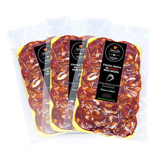 3x 150g Chorizo Iberico Bellota geschnitten | spanische Paprikawurst vom Eichelschwein Pata Negra | einzelne Lagen durch Folie getrennt vakuumiert von Jamón y Vino - Spanische Delikatessen