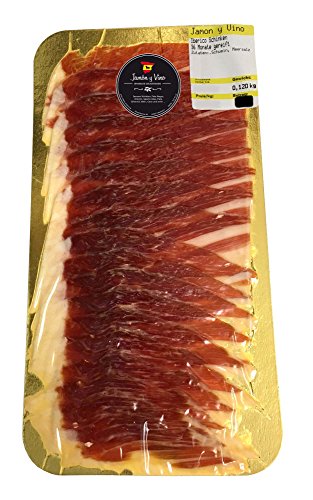 Ibérico Schinken "Cebo de Campo" vom Pata Negra Schwein aus Spanien, Freilandhaltung und OHNE ZUSATZSTOFFE, mehr als 36 Monate gereift, geschnitten und vakuumiert (1x 150g) von Jamón y Vino - Spanische Delikatessen