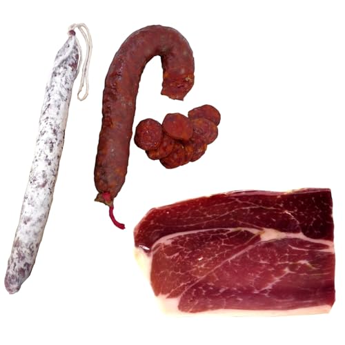 Serrano-Schinken luftgetrocknet am Stück 500g + 200g Chorizo picante Paprikawurst + Fuet Catalan 150g Salami aus Katalonien von Jamón y Vino - Spanische Delikatessen