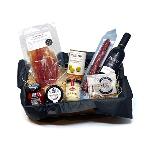 Geschenkbox Tapas-Abend für zwei - Präsentkorb mit Spanischen Feinkost Delikatessen | Geschenkset Geschenkkorb Spanien mit Rot-Wein von Jamón y Vino - Spanische Delikatessen