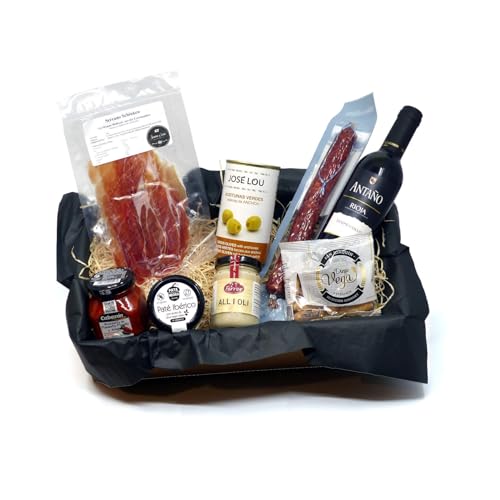 Geschenkbox mit Spanischen Feinkost Delikatessen - Tapas Abend für zwei - Geschenkset Präsentkorb Geschenkkorb Spanien mit Rot-Wein von Jamón y Vino - Spanische Delikatessen