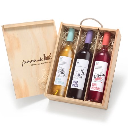 Geschenk für Weinliebhaber | Weingeschenk SPANIEN | Je 1 Flasche Rotwein, Weißwein & Roséwein aus D.O. Utiel Requena | Geschenkfertig verpackt in rustikaler Weinkiste aus Holz | jamon.de von jamon.de