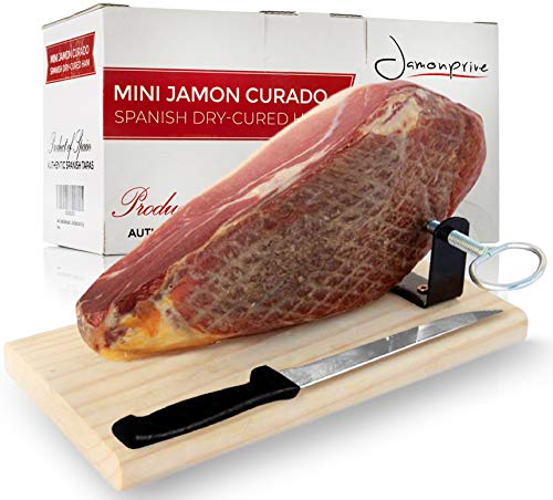 Serrano Schinken Duroc Reserva gereift ohne Knochen 1 KG & Schinkenhalter + Schinkenmesser - Spanischer Schinken Jamonprive von Jamonprive