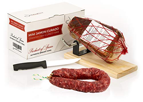 Serrano Schinken Gereift ohne Knochen + Schinkenhalter + Schinkenmesser 1 KG (Spanischer Schinken) + Salchichón Serrano Dauerwurst Extra 200 g von Jamonprive