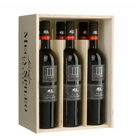 Domain Mega Spileo Cuvée III 6x 0,75l rot trocken mit Holzbox Cavino | Griechischer Rotwein in schöner Geschenkbox | 14% Vol. | + 20ml Jassas Olivenöl von Jassas Griechische Feinkost