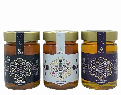 Griechischer Honig 3x 460g Probierset aus den Bergen Kreta | 1x Thymianhonig, 1x Pinienhonig 1x Thymian- & Koniferenhonig | Besonders aromatisch & cremig | Premium Honig | Smari Honey von Jassas Griechische Feinkost