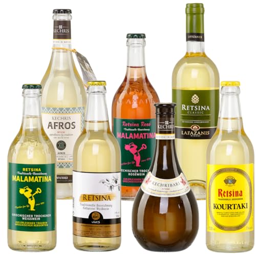 Griechischer Retsina trocken 2x 0,75l & 5x 0,5l Probierset | Geharzte Weißweine aus Griechenland | Griechisches Weinpaket von Jassas Griechische Feinkost