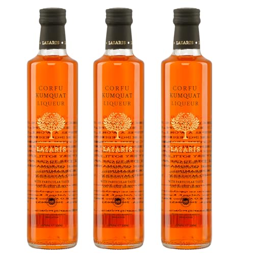 Kumquat Likör 3x 0,5l Flasche | Griechischer Likör | Orangen-Likör aus Corfu | Lazaris | 15% Vol. | +20ml Jassas Olivenöl von Jassas Griechische Feinkost