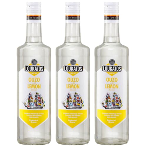 Loukatos Ouzo mit Zitronengeschmack 3x 0,5l | Ouzo Zitrone | Ouzo Lemon | 43% Vol. | + 20ml Jassas Olivenöl von Jassas Griechische Feinkost