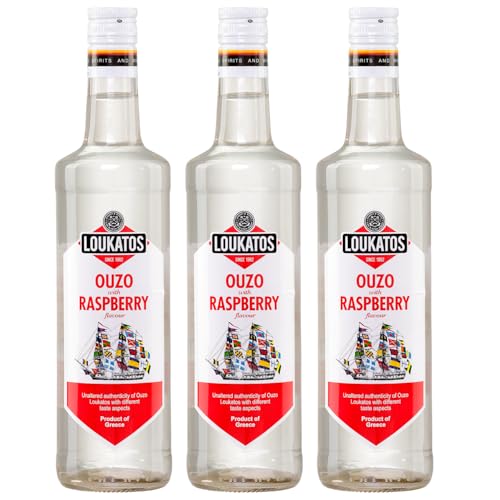 Ouzo Loukatos mit Himbeergeschmack 3x 0,5l Flasche | Ouzo Himbeere | Ouzo Spezialität aus Griechenland | 38% Vol. | +20ml Jassas Olivenöl von Jassas Griechische Feinkost