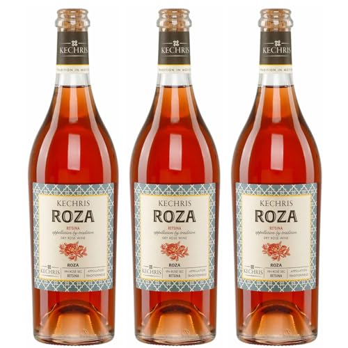 Retsina Roza trocken Kechri 3x 0,75l | Geharzter Roséwein aus Griechenland |13,5% Vol. | +20ml Jassas Olivenöl von Jassas Griechische Feinkost