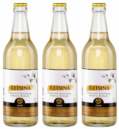 Retsina Samos 3x 0,5l Flasche | Geharzter Weißwein vom Weingut UWC Samos aus Griechenland | 100% Muskat Traube | 13% Vol. | +20ml Jassas Olivenöl von Jassas Griechische Feinkost