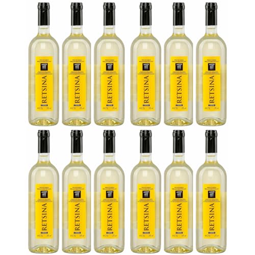 Retsina weiß Cavino 12x 0,75l Flasche | Geharzter Weißwein aus Griechenland | 12% Vol. | + 20ml Jassas Olivenöl von Jassas Griechische Feinkost