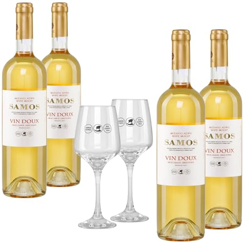 Samos Wein Vin Doux 4x 0,75l plus 2 Samos Weingläser | 15% Vol. | Samos Wein | Griechischer Likörwein | Griechischer Dessertwein von Jassas Griechische Feinkost