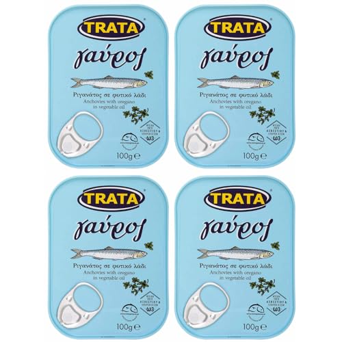 Sardellen (Anchovies) mit Oregano in Öl 4x 100g Dose | Trata | Gavros Beliebte grieische Fischspezialität | +20ml Jassas Olivenöl von Jassas Griechische Feinkost