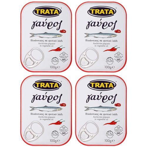 Sardellen (Anchovies) pikant in Öl 4x 100g Dose | Trata | Gavros Beliebte griechische Fischspezialität | +20ml Jassas Olivenöl von Jassas Griechische Feinkost