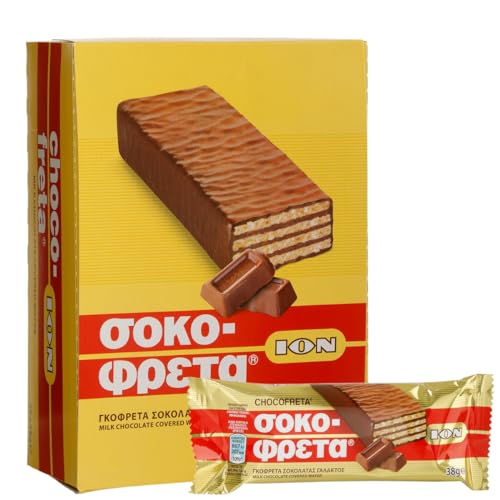 Sokofreta (Schokofreta) Vollmilch Schokolade 20x 38g Riegel | Griechische Schokowaffel Rot | ION | +20ml Jassas Olivenöl von Jassas Griechische Feinkost