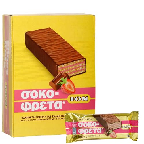 Sokofreta (Schokofreta) Erdbeer Schokolade 20x 38g Riegel | Griechische Schokowaffel Rot | ION | +20ml Jassas Olivenöl von Jassas Griechische Feinkost