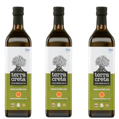 Terra Creta Olivenöl 3x 1,0l | P.D.O. Kolymvari | Extra natives Olivenöl von Kreta | + 20ml Jassas Olivenöl von Jassas Griechische Feinkost