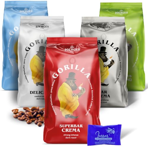 Gorilla Kaffee & Espresso Probierset 5x 1000g | Gorilla: Super Bar Crema, Kaffeehaus Mischung, Delicato, Café Creme, Super Bar | + Jassas Gebäck von Jassas Griechische Feinkost