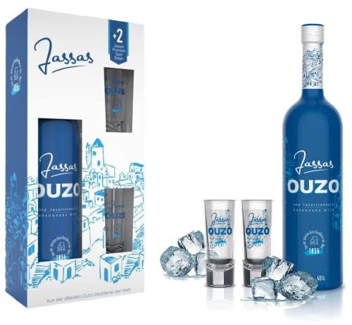 Jassas Ouzo 40% 0,7l + 2 Gläser in hochwertiger Geschenkbox | Besonders mild | Limited Edition | Älteste Ouzo Destillerie der Welt von Jassas Griechische Feinkost