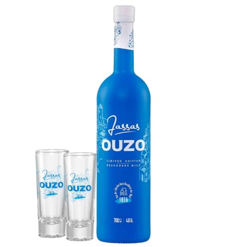 Jassas Ouzo 40% 0,7l Premium Flasche + 2 Ouzo Gläser | Besonders mild | Limited Edition | Älteste Ouzo Destillerie der Welt 1856 von Jassas Griechische Feinkost