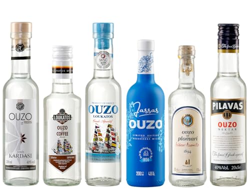 OUZO Probierset 6x 200ml | Feinster Ouzo aus Griechenland | Variante 1 | Kardasi, Loukatos Coffee, Loukatos, Jassas, Plomari, Pilavas von Jassas Griechische Feinkost